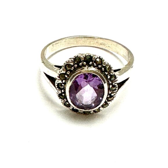 Art Deco Sterling Silver Amethyst Marcasite Ring Size 10.5 - Picture 1 of 5